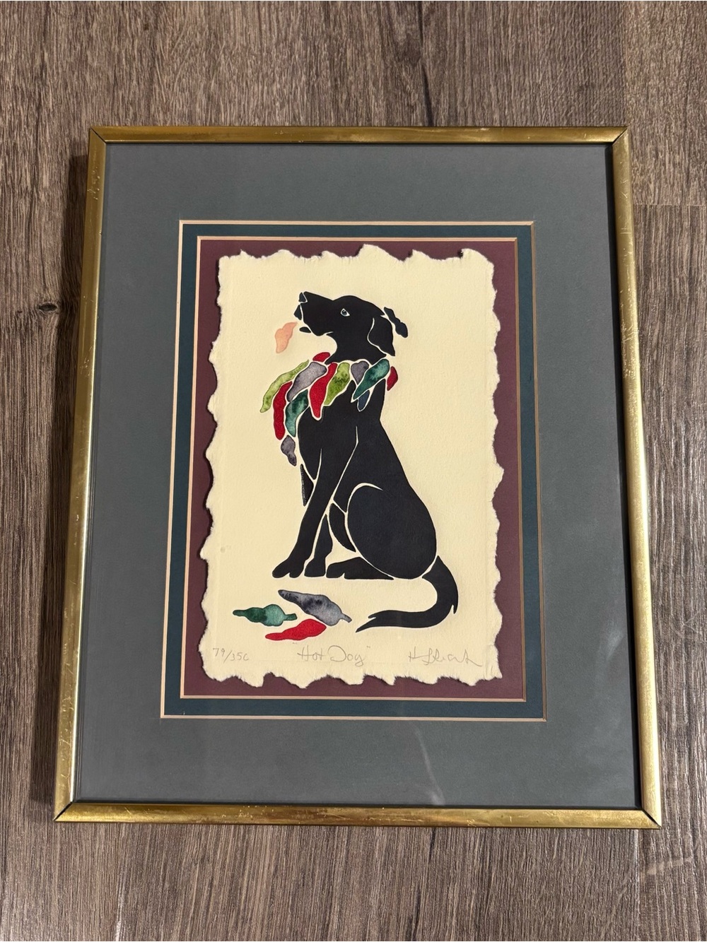 Artist Signed Framed & Numbered Black “Hot Dog” w/ Peppers Art Piece 79/350